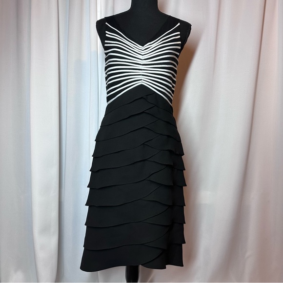 Eliza J Formal Midi Dress Sz 6 Black White Semi Shear Dress Tiered Skirt EUC - Picture 1 of 9